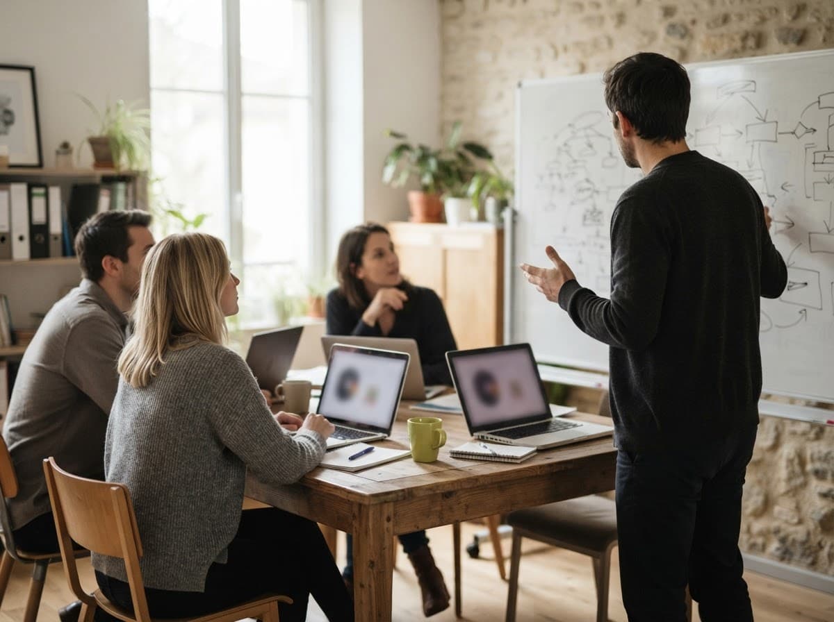 Une équipe de PME en formation autour d'une table, le formateur au tableau