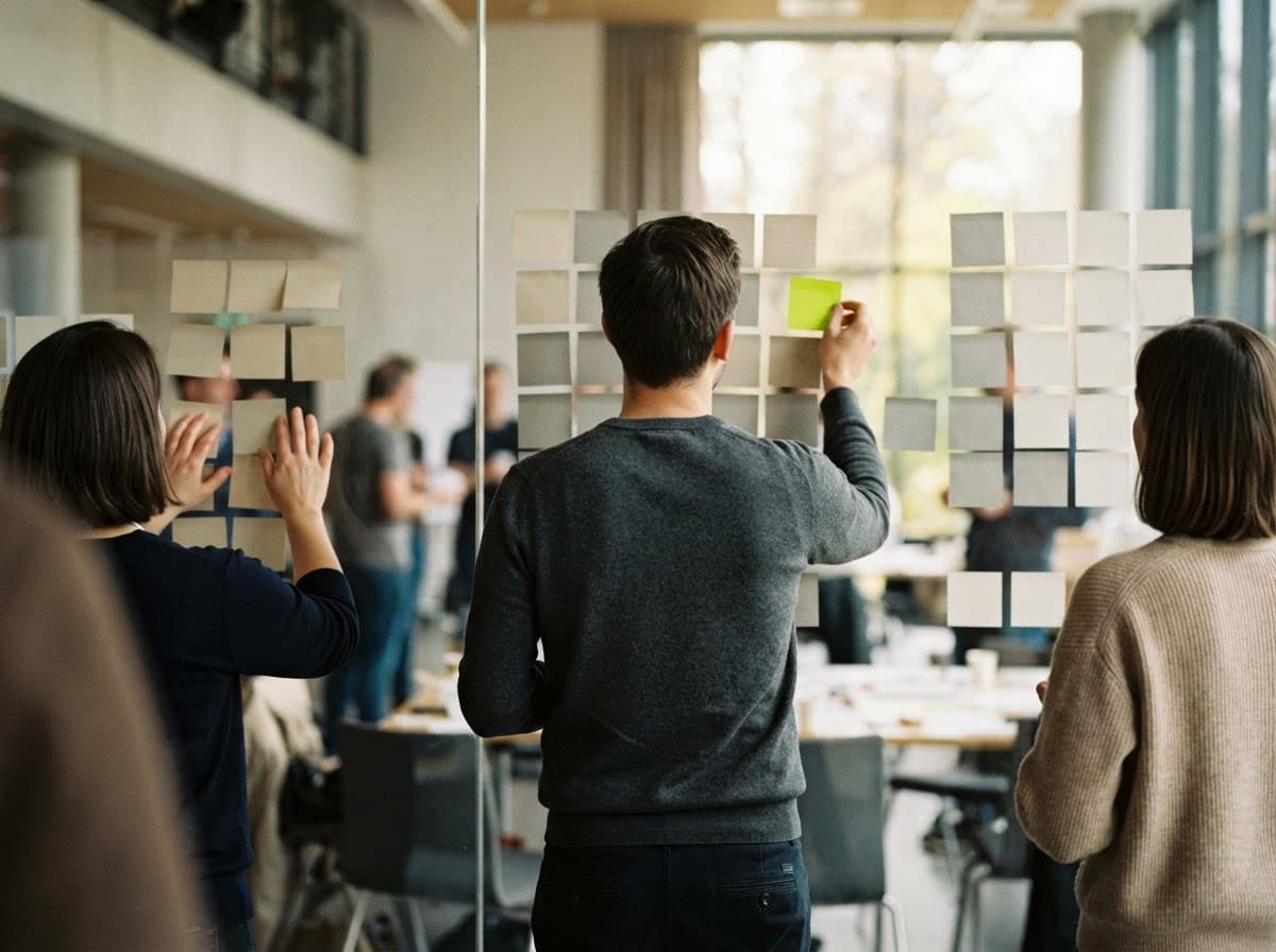 Un atelier d'une journée : des notes collées sur une paroi vitrée